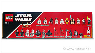10188 Death Star - Un des côtés de la boîte nous présente les 24 minifigs et droïdes, ce qui à ma connaissance représente le plus grand nombre de minifigs disponibles via un seul set LEGO !
