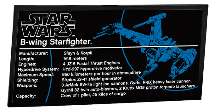 La plaque descriptive du set LEGO UCS B-Wing Starfighter 10227