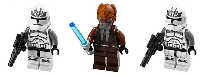 Les minifigurines de Plo Koon et des Wolf Pack Clone Troopers du set 75045