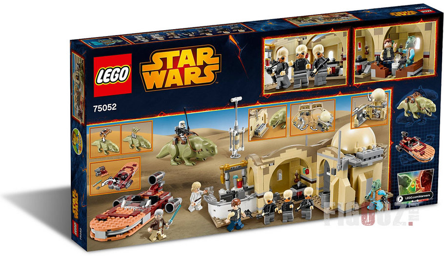 La face arrière détaillant le contenu de la  boîte du set 75052 Mos Eisley Cantina