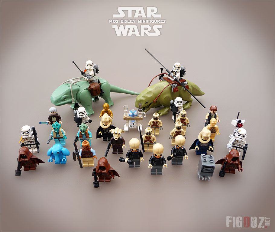 Photo de groupe de quelques minifigurines de la faune bigarrée de Tatooine