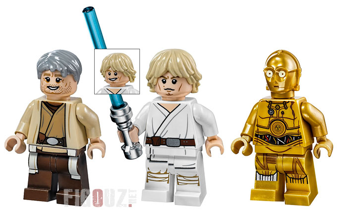 Oncle Owen, Luke Skywalker et C-3PO, les minifigurines du set 75059 Sandcrawler