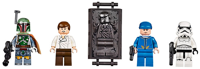 Boba Fett, Han Solo et sa version Carbonite, Bespin Guard et Stormtrooper : les minifigurines du set 75060 Slave I