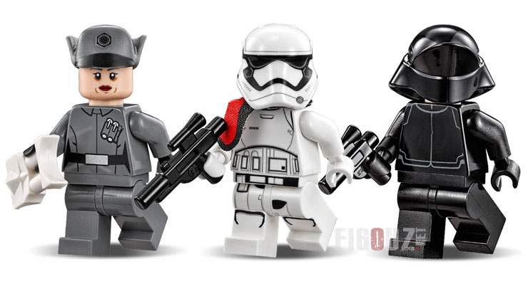 Les minifigurines d'officier, d'officier stormtrooper et de membre d'équipage du Premier Ordre du set 75104