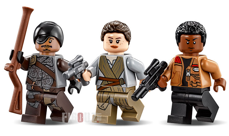 Les minifigurines de Rey, Finn et d'un bandit Kanjiklub du set 75105