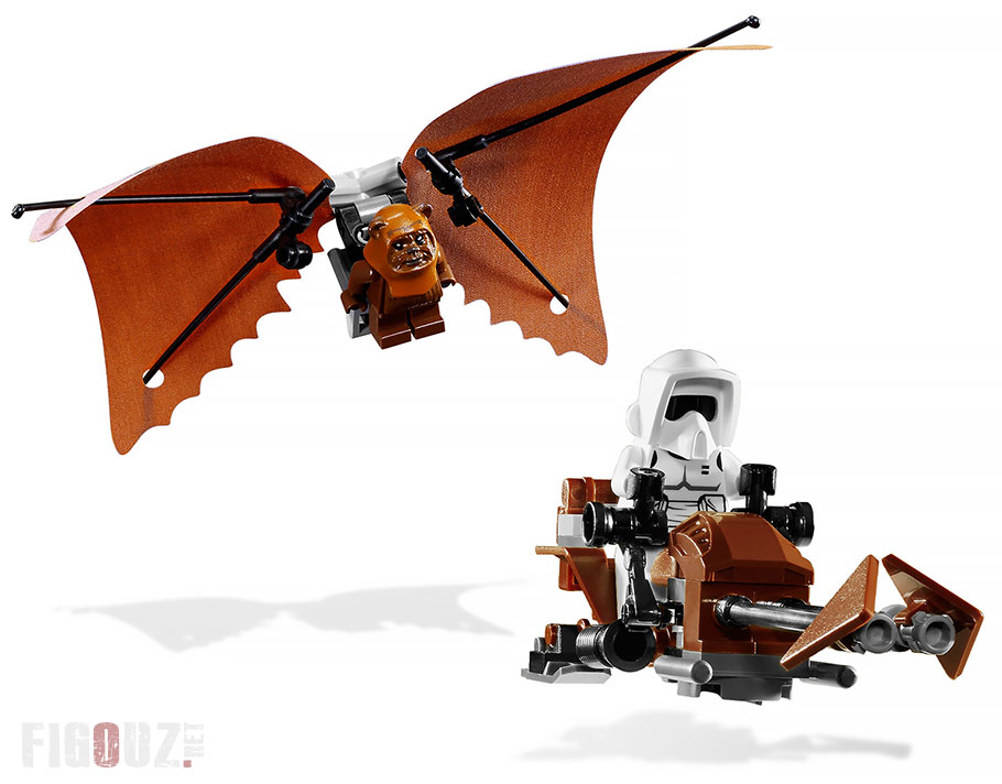 L'aile volante Ewok et la motojet Impériale du set LEGO Star Wars 8038 The Battle Of Endor, 10 Year Anniversary Edition