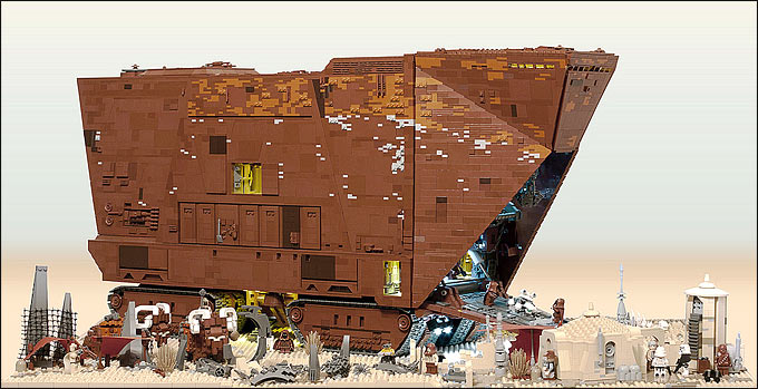 Diorama géant de Tatooine mettant en scène le Sandcrawler Jawa UCS de Marshal Banana