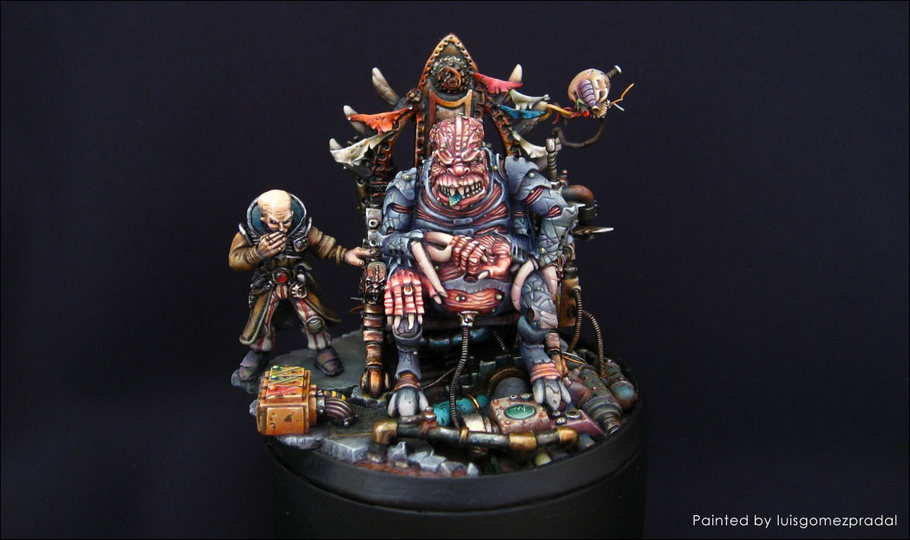 La figurine vintage de Patriarche de Culte Genestealer sur son trône peinte par Luis Gomes Pradal