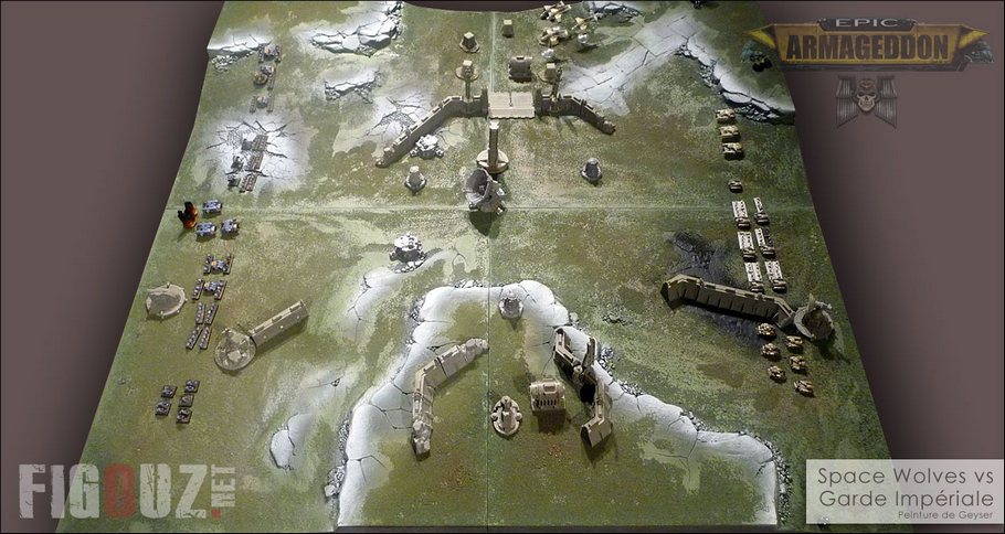 Epic Armageddon - Spave Wolves vs Garde Impériale - La table de jeu modulaire, ses décors et les deux armées