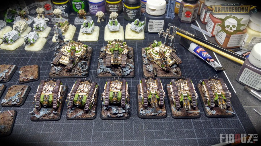 Death Guard Pre-Heresy - Montage des blindés sur leurs socles scéniques fraîchement peints