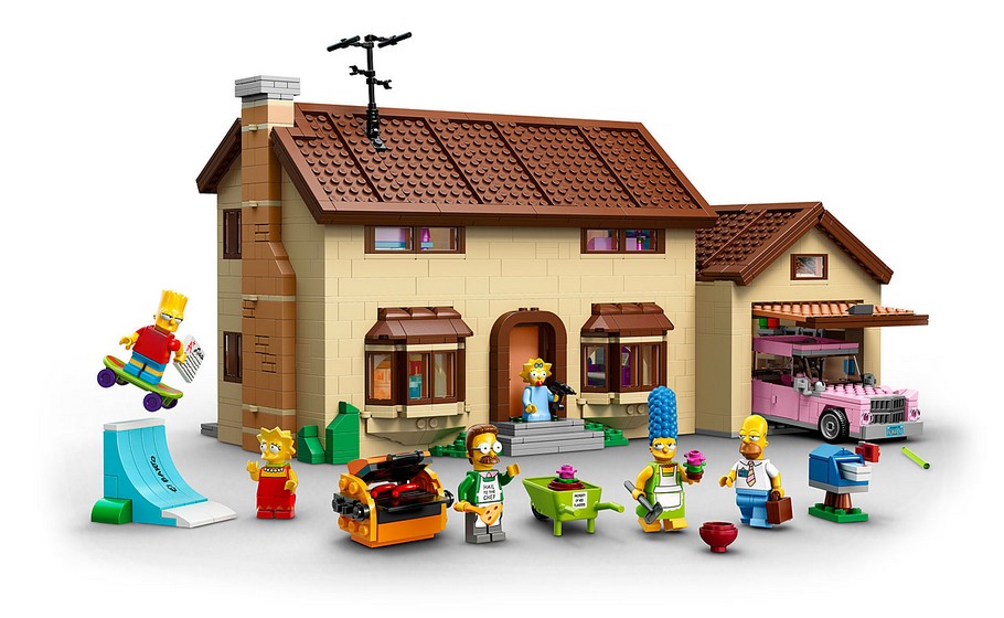 Vue d'ensemble du set 71006 la maison des Simpson : la maison, les minifigurines et les accessoires