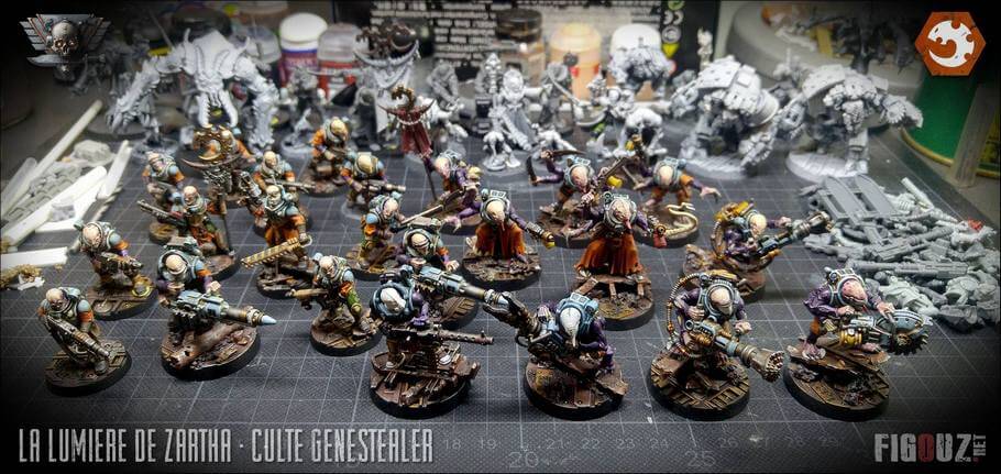 WIP - Photo d'ensemble de l'avancée de la peinture de mon culte Genestealer de La Lumière de Zartha