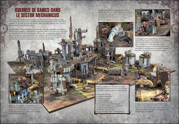 Une table de jeu Necromunda utilisant les décors du Sector Mechanicus